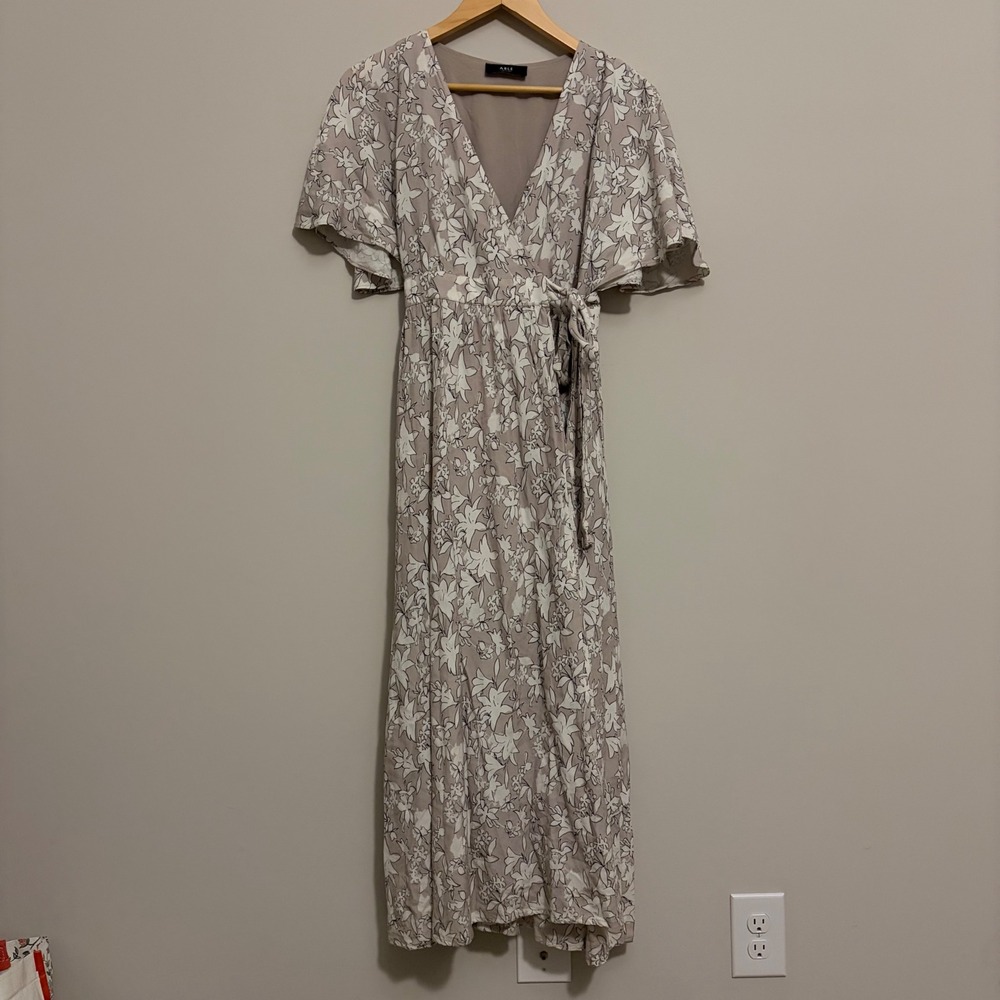 ABLE Women Taupe White Floral Lily Print Wrap Maxi Dress Short Flutter Sleeve S